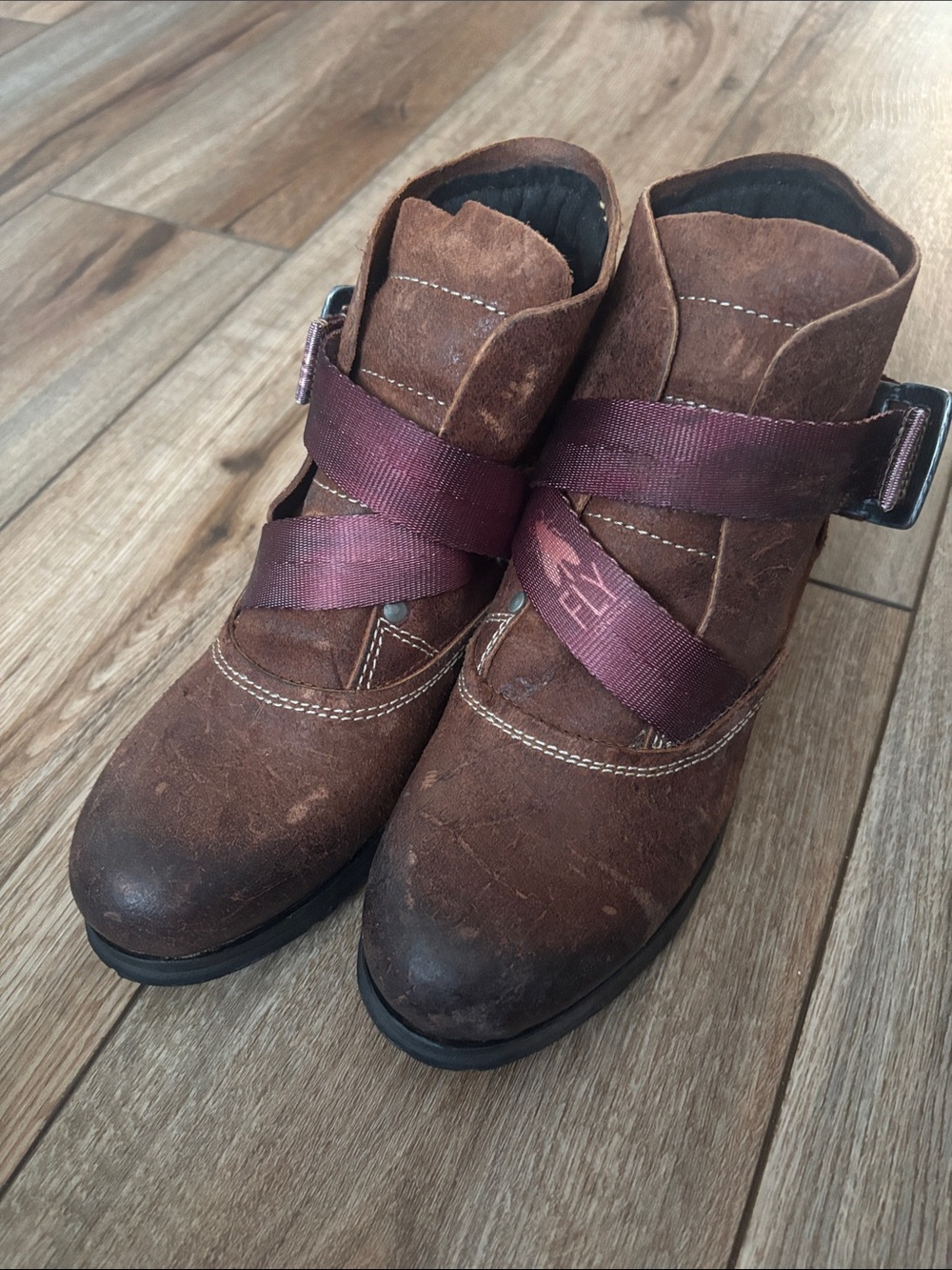 Brown Leather Women's Ankle Boots with Burgundy Strap size 7 EU 38